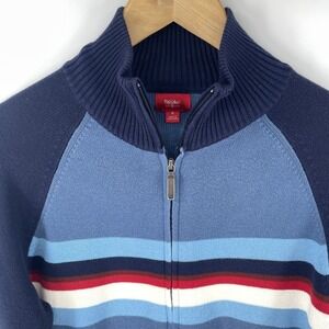 Vtg Y2K Mossimo Cardigan Men M Blue Stripe Zip Sweater Jacket 70s Retro Style